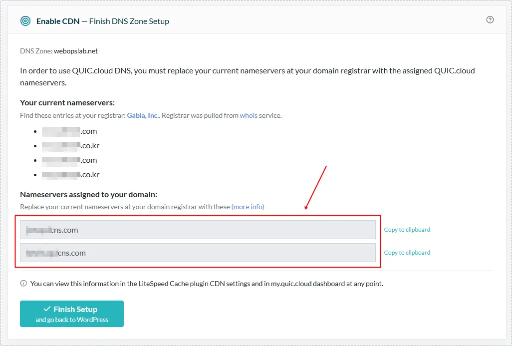 QUIC.cloud DNS setup screen displaying assigned nameserver records