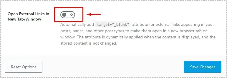Rank Math 링크 옵션에서 Open External Links in New Tab 기능을 끈 워드프레스 관리자 화면