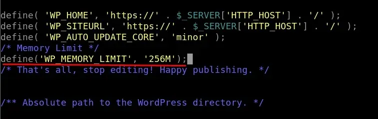 워드프레스 wp-config.php 파일에 WP_MEMORY_LIMIT 값을 추가한 화면