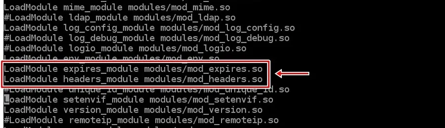 Apache 설정 파일에서 mod_expires와 mod_headers 모듈을 활성화한 화면
