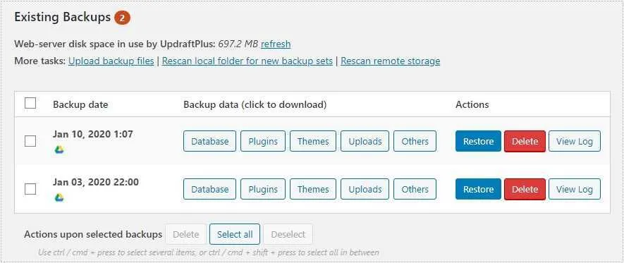 UpdraftPlus 백업 목록 및 Restore 복원 화면