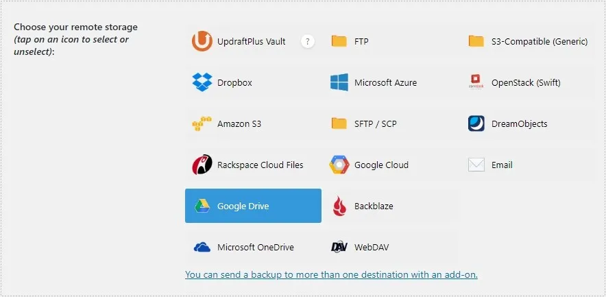 워드프레스 백업 파일 저장을 위한 Google Drive 연결 화면