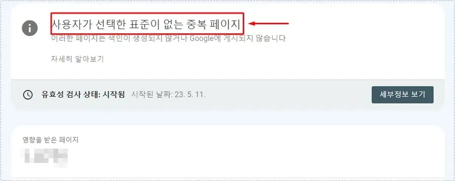 사용자가 선택한 표준이 없는 중복 페이지 오류가 표시된 구글 서치 콘솔 화면