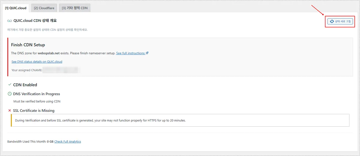 QUIC.cloud CDN dashboard showing pending DNS verification and missing SSL certificate