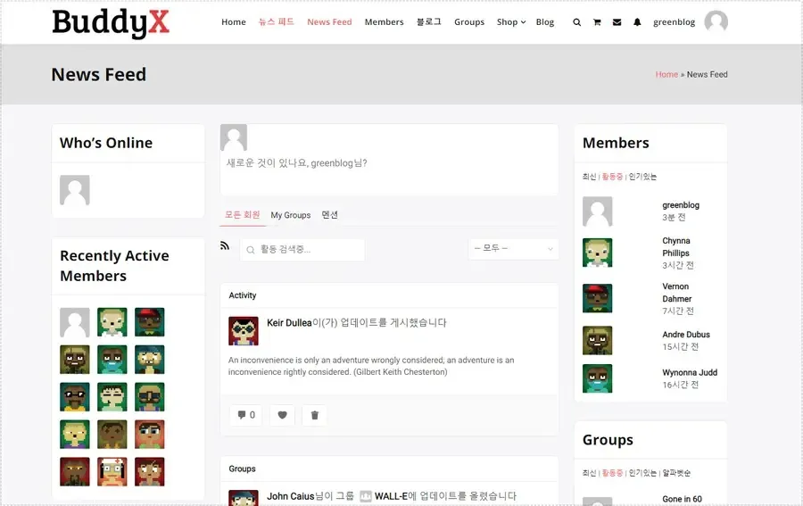 BuddyX 테마 데모 설치 후 커뮤니티 뉴스피드가 적용된 워드프레스 화면