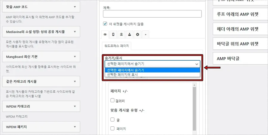 Widget Options에서 특정 페이지에만 위젯을 출력하도록 설정하는 워드프레스 화면