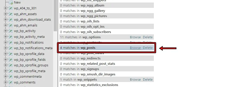 phpMyAdmin wp_posts 데이터 검색 결과 화면