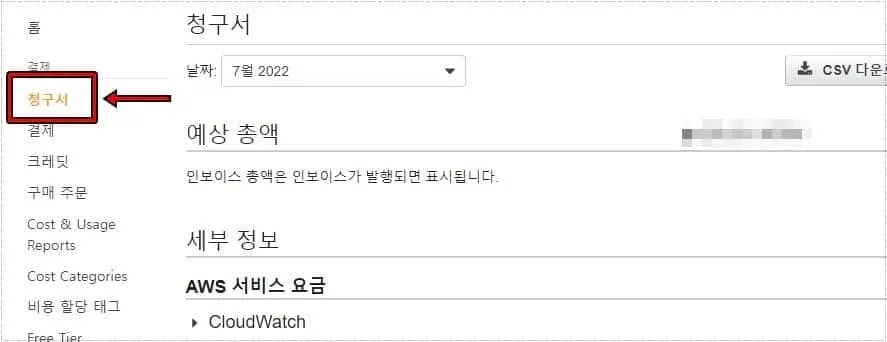 AWS Billing 화면에서 청구서 메뉴를 확인하는 화면