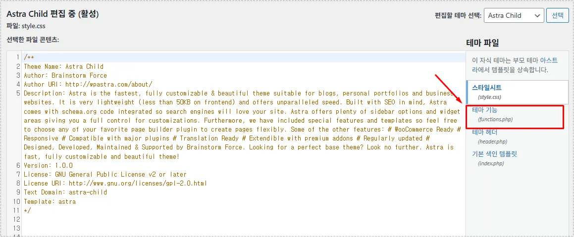 WordPress theme editor showing the functions.php file selection inside Astra Child theme