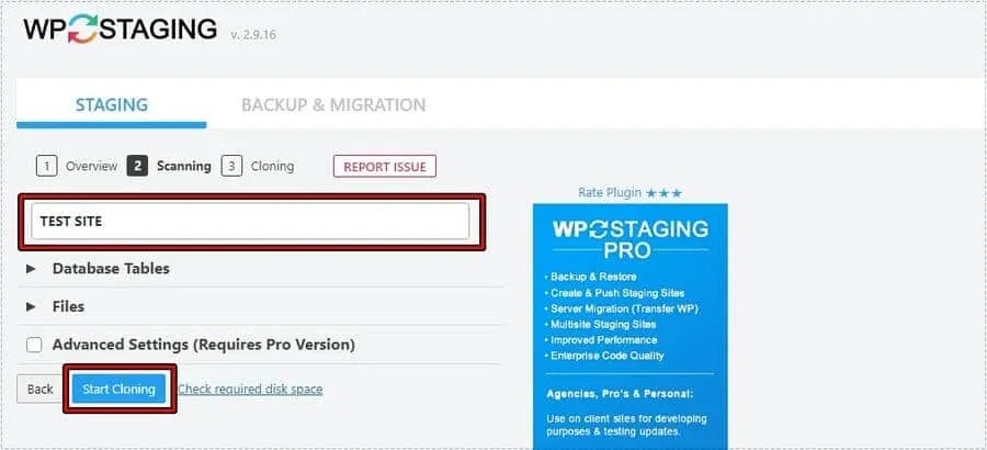 WP Staging에서 테스트 사이트 이름을 입력하고 복제를 시작하는 설정 화면