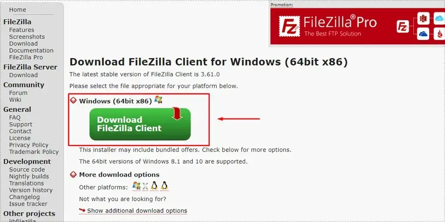FileZilla Client 설치 파일 다운로드 화면