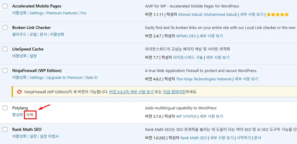 WordPress plugin removal screen showing the delete option for Polylang