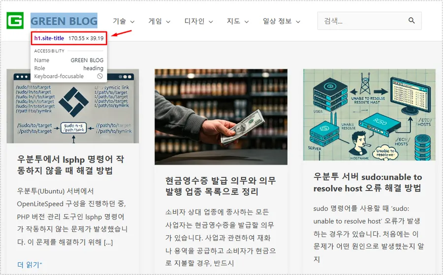 Astra 테마 홈 화면 h1.site-title 적용 화면