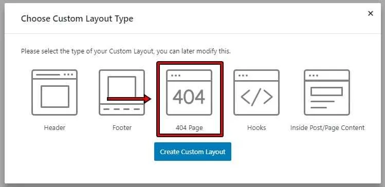 Astra Pro Custom Layouts에서 404 Page 레이아웃 유형을 선택하는 화면
