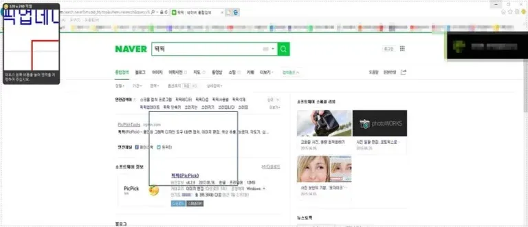 네이버 검색 결과에서 픽픽 프로그램 정보를 확인하는 화면