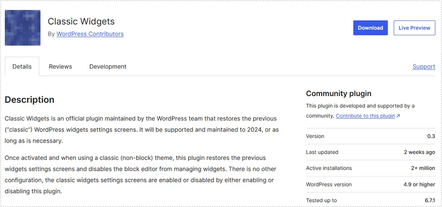 Classic Widgets plugin page showing the official WordPress widget editor restoration plugin