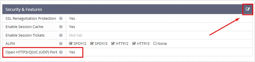 OpenLiteSpeed SSL 설정에서 Open HTTP3 QUIC UDP Port 옵션을 활성화한 화면