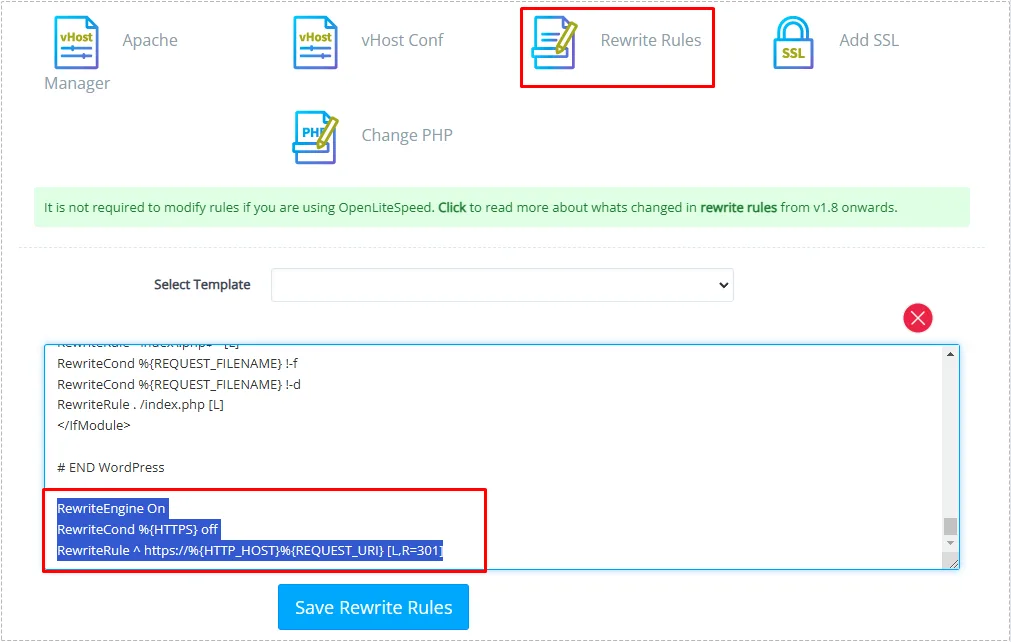 CyberPanel rewrite rules page showing HTTP to HTTPS redirect configuration