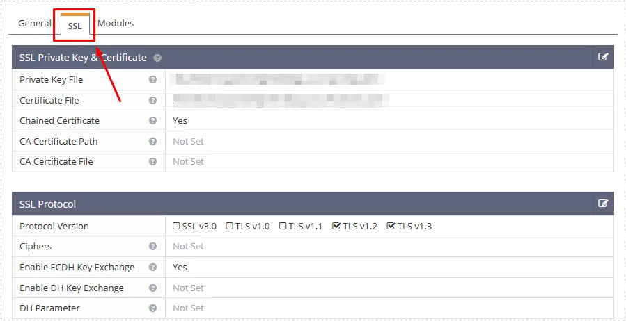 OpenLiteSpeed SSL Listener 내부의 SSL 설정 탭