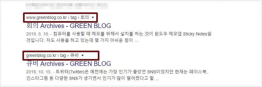 검색 결과에 워드프레스 태그 아카이브와 www 주소가 노출된 화면