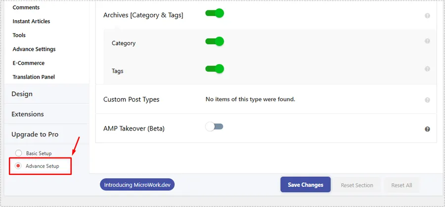 AMP for WP Advanced Setup 모드를 선택하는 워드프레스 화면