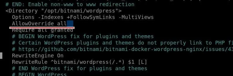 Apache configuration showing AllowOverride all for WordPress