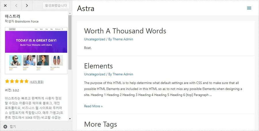 Astra WordPress theme preview within the WordPress dashboard