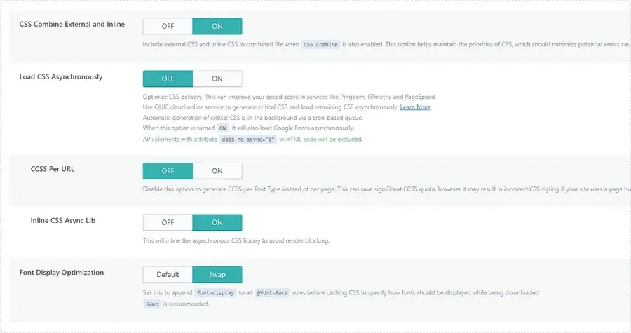 LiteSpeed Cache CSS 설정에서 Load CSS Asynchronously는 꺼져 있고 Font Display Optimization은 Swap으로 선택된 화면