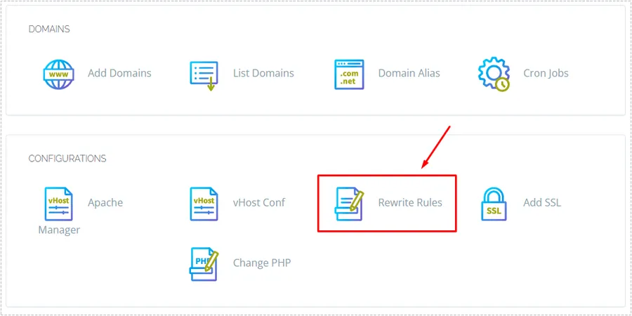 Rewrite Rules configuration area inside CyberPanel website management