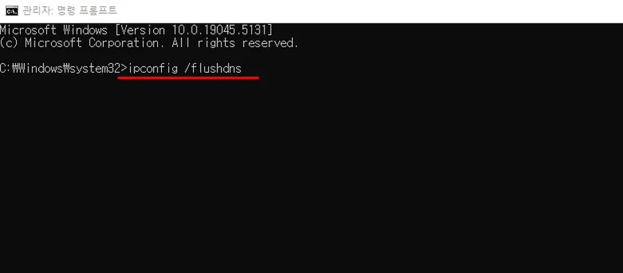net::ERR_NAME_NOT_RESOLVED 오류 수정 위한 ipconfig flushdns 명령을 실행하는 화면