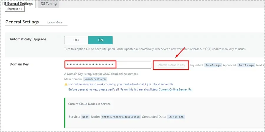 LiteSpeed Cache General Settings에서 Domain Key와 QUIC.cloud 연결 상태를 확인하는 화면
