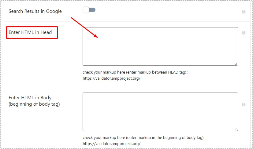 AMP for WP Enter HTML in Head 설정 화면