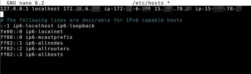 Ubuntu /etc/hosts 파일에서 IP 주소와 호스트 이름을 연결한 설정 화면