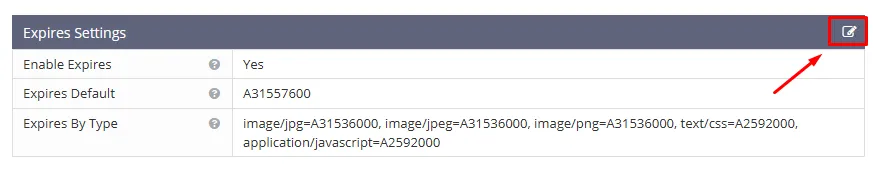 OpenLiteSpeed Expires 설정을 수정하기 위해 편집 버튼을 선택한 화면