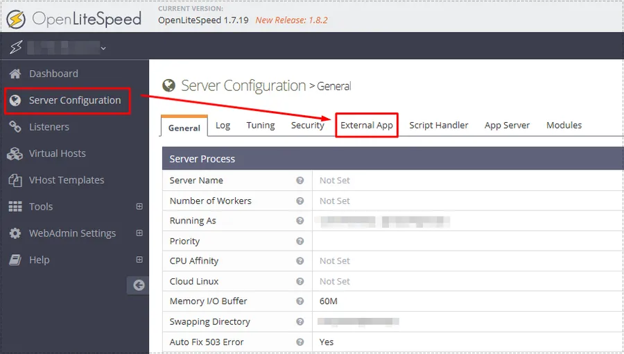 OpenLiteSpeed Server Configuration 화면에서 External App 메뉴를 선택한 모습