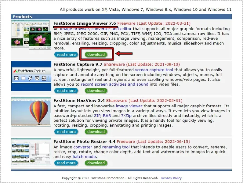 FastStone Image Viewer 다운로드 버튼이 표시된 공식 사이트 화면