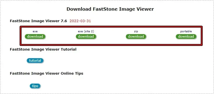 FastStone Image Viewer 다운로드 형식이 나뉘어 표시된 화면