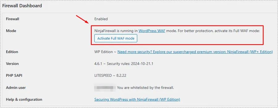 NinjaFirewall WordPress WAF mode screen with Activate Full WAF mode button