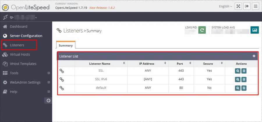 Listeners page in OpenLiteSpeed WebAdmin displaying port 80 and port 443 configurations