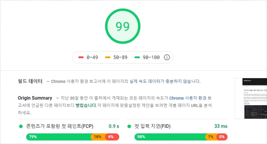 사이트 속도 측정 도구 PageSpeed Insights 성능 점수 확인 화면