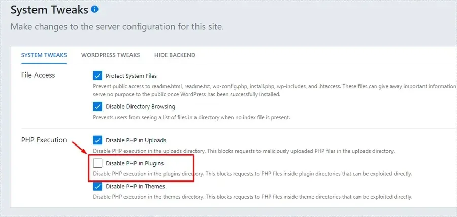 LiteSpeed Cache guest.vary.php 403 오류 원인이 된 Disable PHP in Plugins 설정 화면