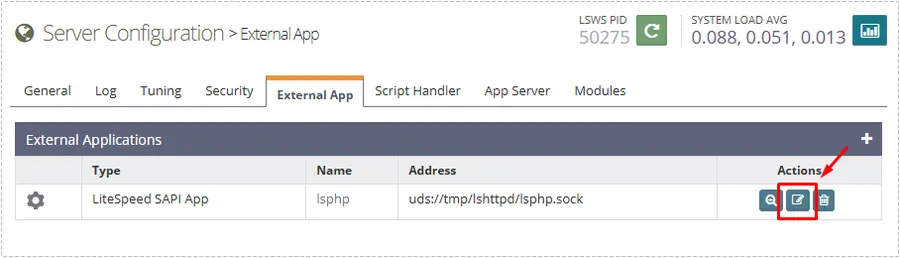 External App section inside OpenLiteSpeed WebAdmin showing LiteSpeed SAPI application settings