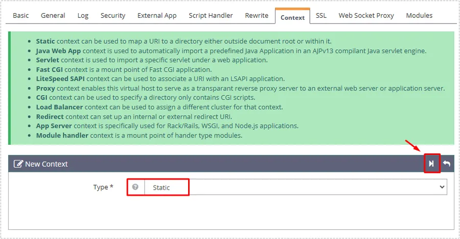 OpenLiteSpeed Context 추가 과정에서 Static 항목을 선택한 모습