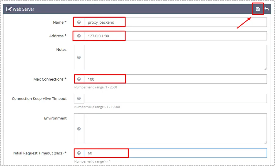 OpenLiteSpeed Web Server 설정 화면에서 proxy_backend 값을 입력한 모습