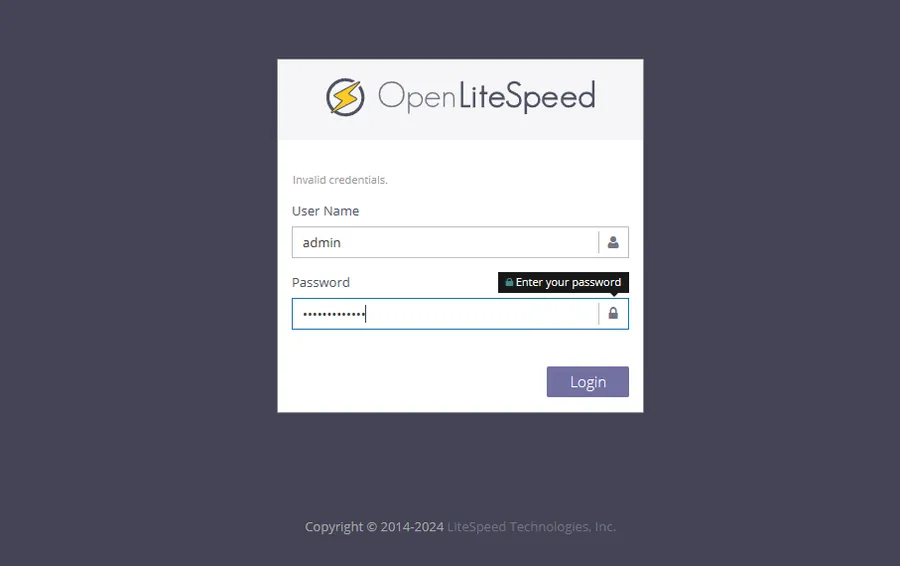 OpenLiteSpeed WebAdmin 관리자 로그인 페이지