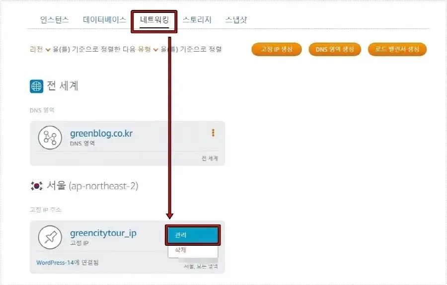 Amazon Lightsail 고정 IP 관리 메뉴 화면