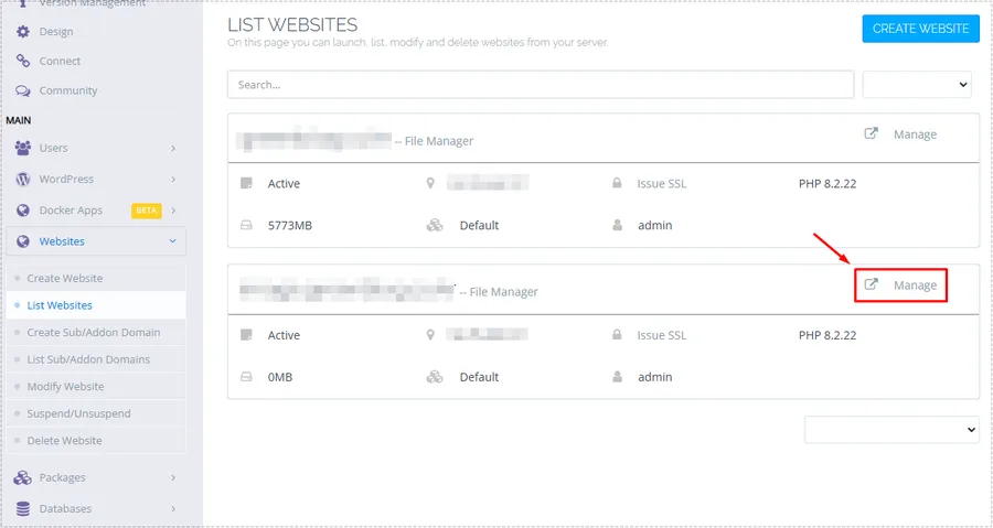 CyberPanel website list showing the manage button for a newly created website