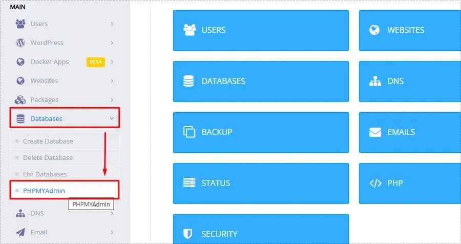 CyberPanel database management area with phpMyAdmin access