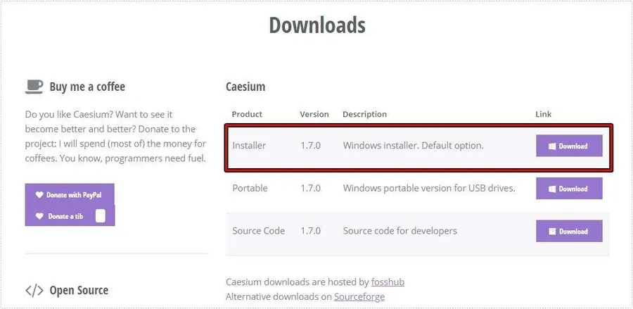 Caesium Windows Installer 다운로드 선택 영역