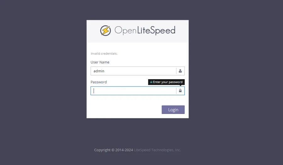 LiteSpeed WebAdmin 접속 방법 마지막 단계인 관리자 로그인 화면